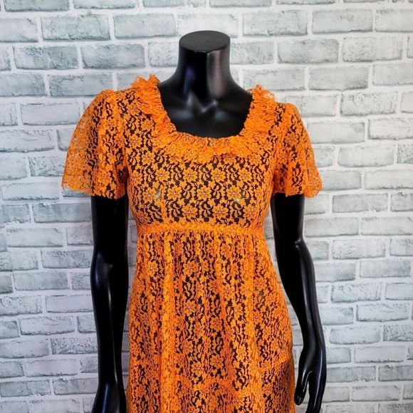 Vintage 70s Bright Orange Lace Popover Sheer Empire Waist Maxi Dress Boho Hippie - Picture 2 of 8